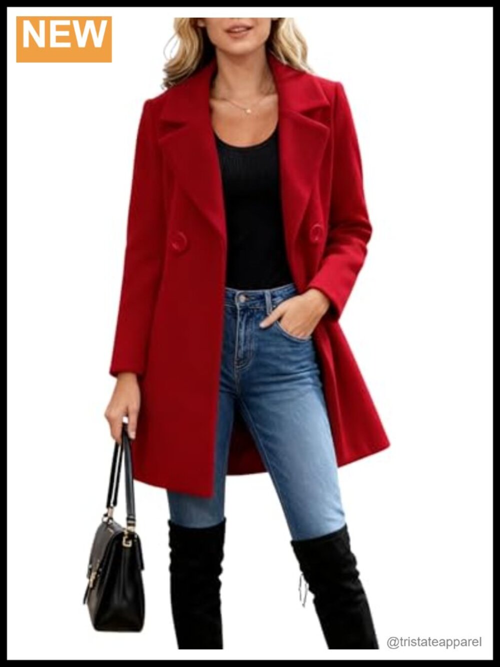 Wool Blend Pea Coat Slim Fit Double Breasted Notch Lapel Winter Overcoat